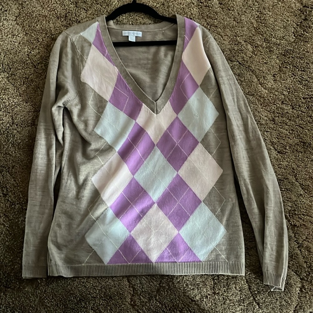 Tan, pink, purple, and white New York & Company v-neck sweater size L